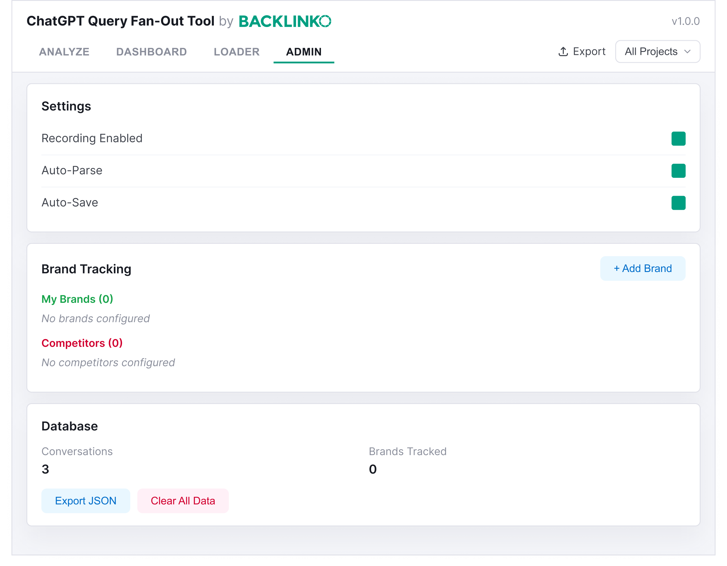 Admin panel with settings, brand tracking, and data export