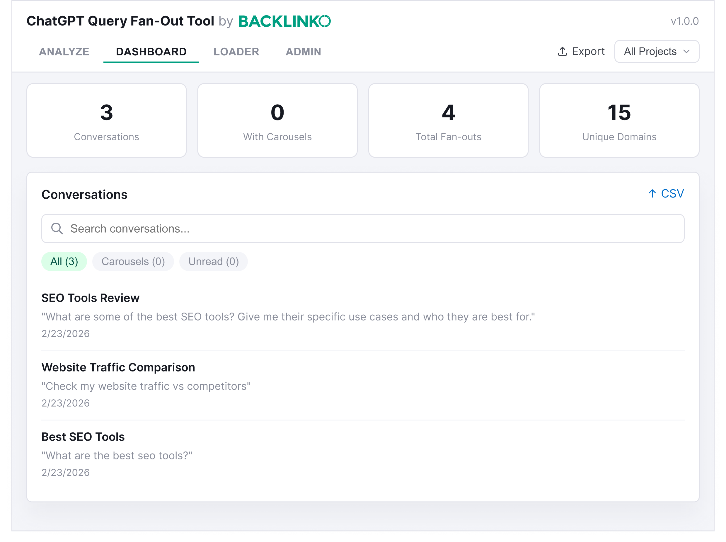 Dashboard showing conversation history, stats, and export options