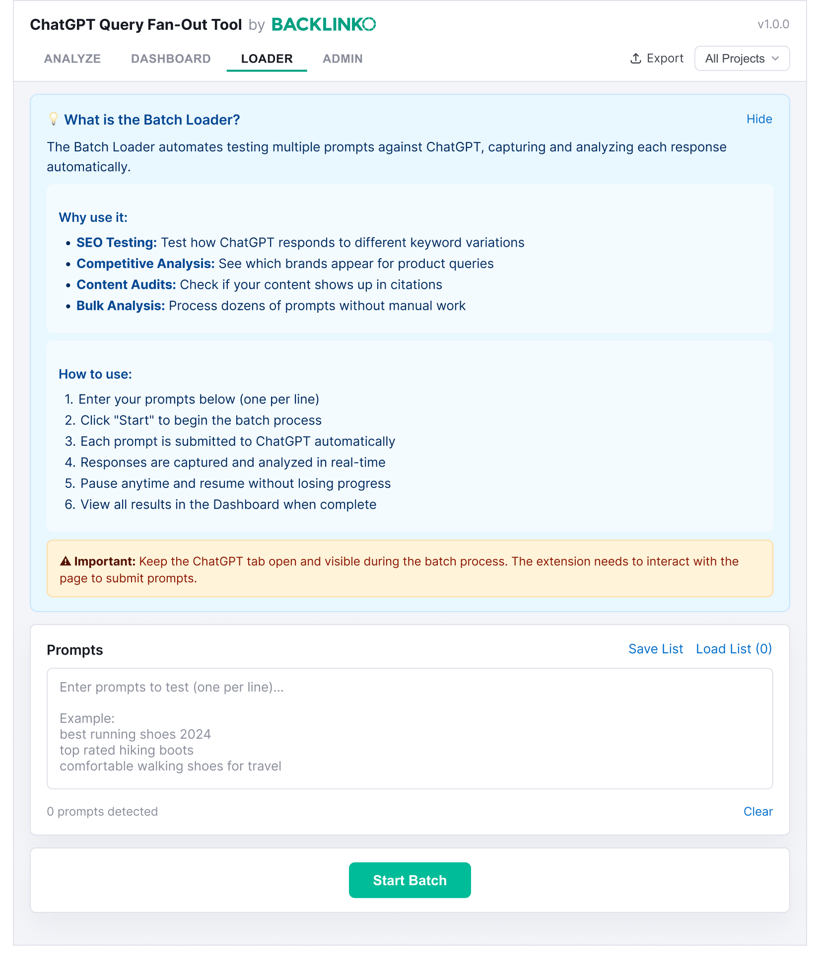 Batch Loader interface for testing multiple prompts automatically